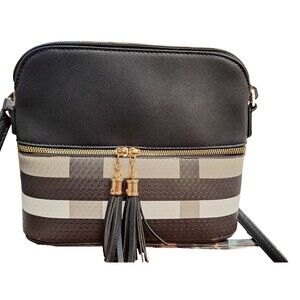 Lightweight Medium Dome Crossbody Bag Shoulder Bag with Tassels Plaid Vegan Wome
